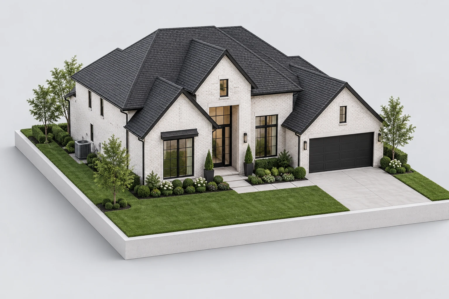 Illustrative architectural model of a Houston-style home, showing its roof, outdoor cooling equipment, foundation and garage